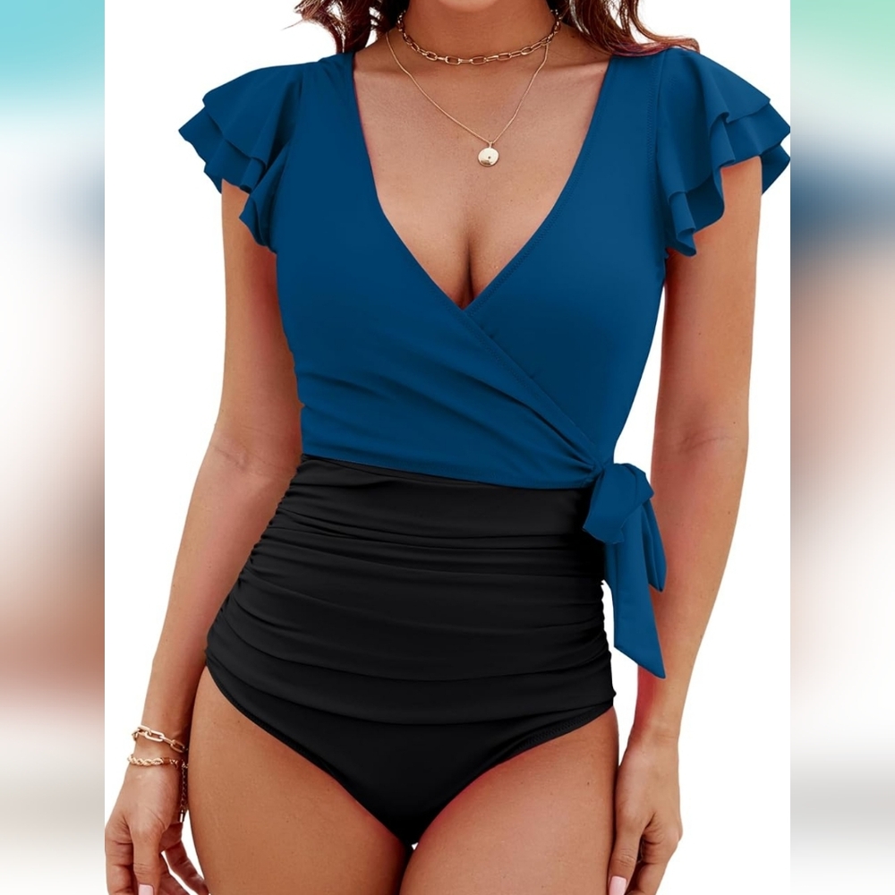 Blue and Black Ruffle Sleeve Swimsuit